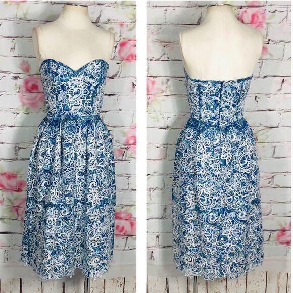 Parker Azalea Strapless Sweetheart-Neck Lace Dress, Glacius Brocatto eyelet midi - Picture 6 of 11